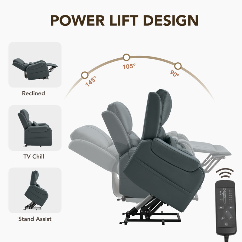 Genuine Leather Power Lift Recliner With Pocket And Lumbar Pillow, Navy