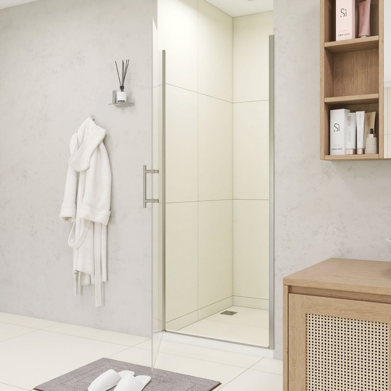 32" W × 72" H Pivot Shower Door – 1/4"(6Mm) Tempered Glass With Explosion-Proof Film, Stainless Steel Handle, Matte Black Aluminum Half Frame, Modern Minimalist Design