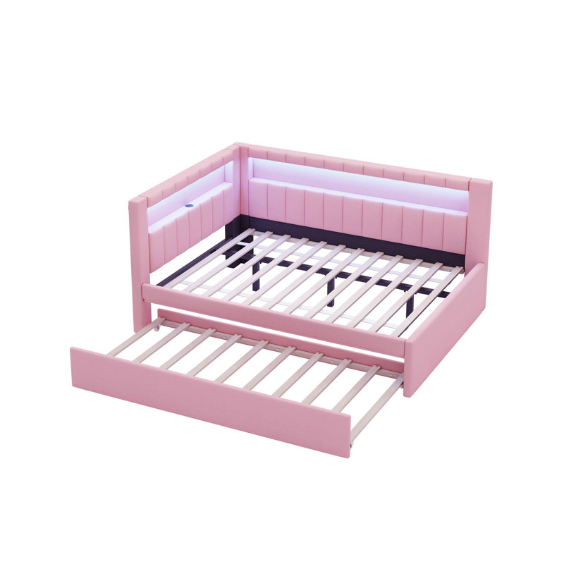 Lit plateforme tapissier pleine grandeur avec ports USB et ceinture à DEL, avec lit gigogne, rose