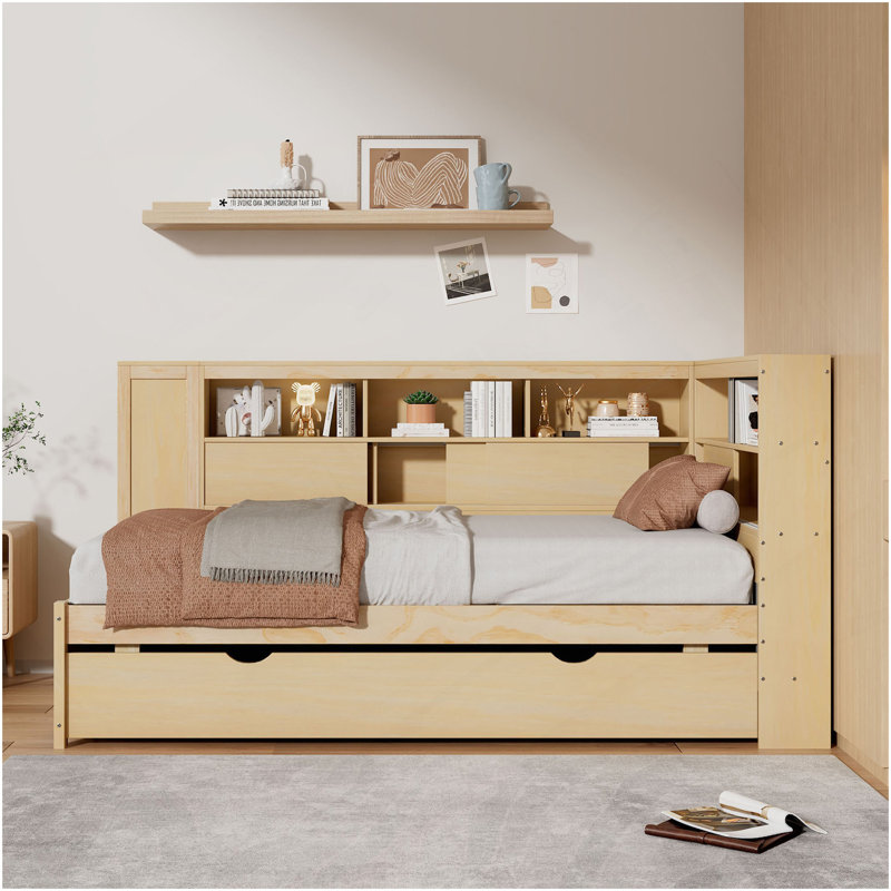 Lit de jour simple en bois avec tablettes de rangement, USB et lit gigogne, naturel