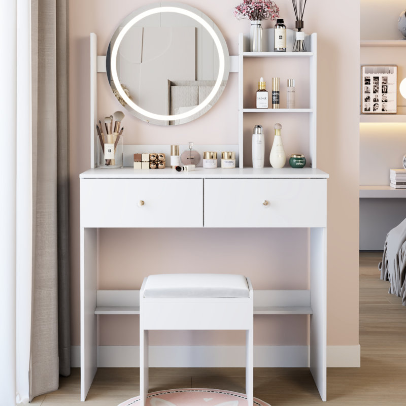 Table de coiffeuse, miroir rond à DEL de 17 po, système d'éclairage tricolore, tabouret moelleux, grand rangement de grande capacité, petites pièces, conception américaine, éclairage à commande tactile blanche, espaces rembourrés, style,