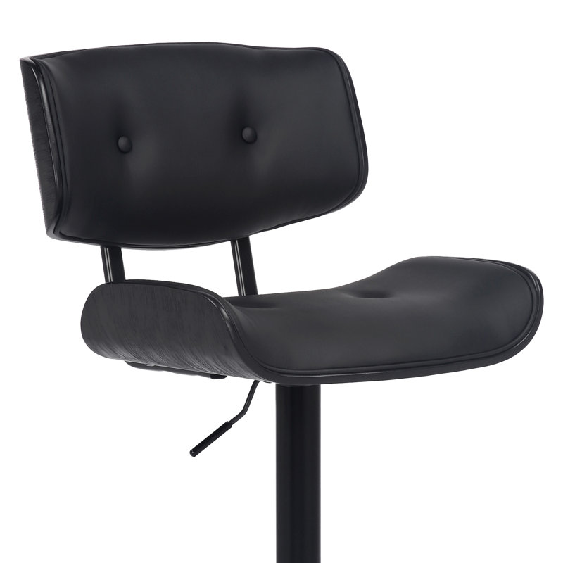 Primeau Swivel Adjustable Height Bar Stool with Pedestal Base in Faux Leather, Wood and Metal, Black Faux Leather, Black