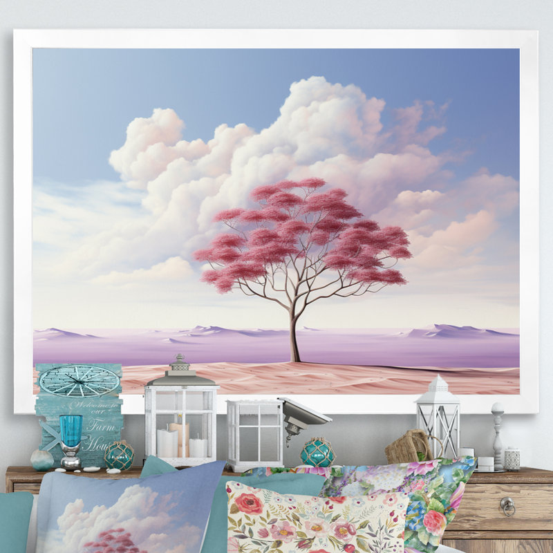 " Minimalism Pink Tree Solitude II ", 30" H x 40" W x 1.5" D, White Picture Framed