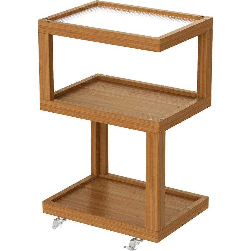 3-Tier Side Table - Walnut Geometric Design With Glass Top & Wheels, Sofa & Bedside Table For Small Spaces, Living Room & Bedroom Modern Minimalist