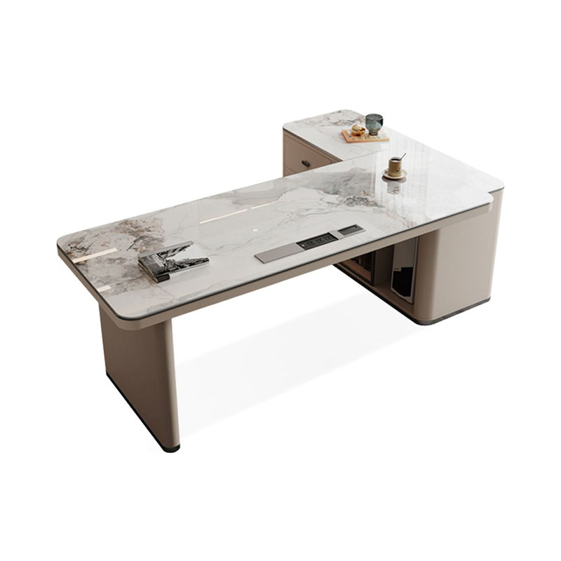 Bureau blanc / blanc + beige pierre rectangulaire + bois manufacturé avec 3 tiroirs, H 29,53 po x l 70,87 po x P 51,18 po