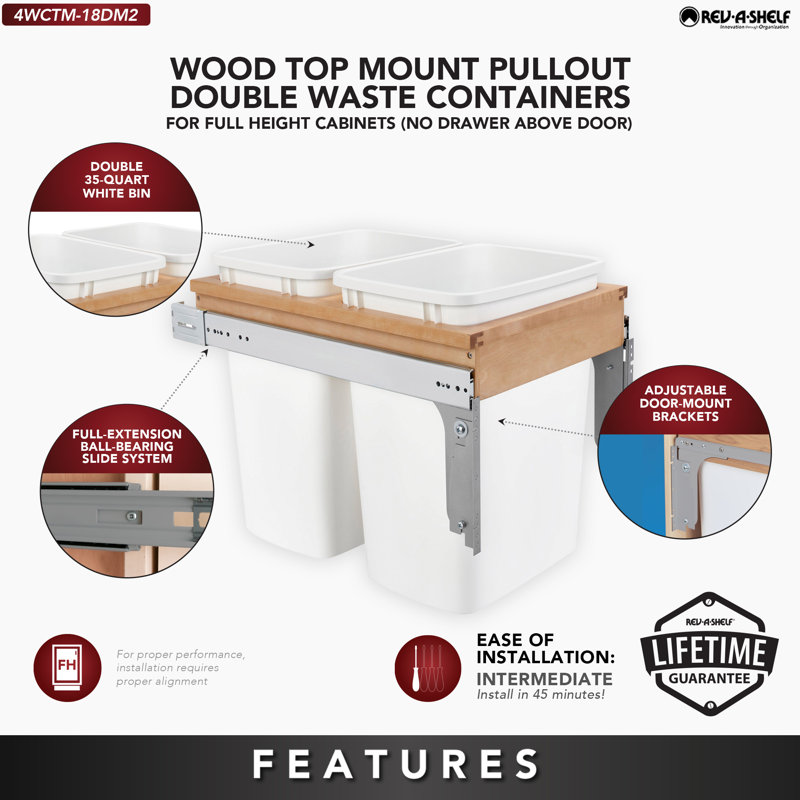  Rev-A-Shelf Single Pullout Top Mount Trash Can, 17.75'' H x 15" W x 22.5" D, 8.75, Double