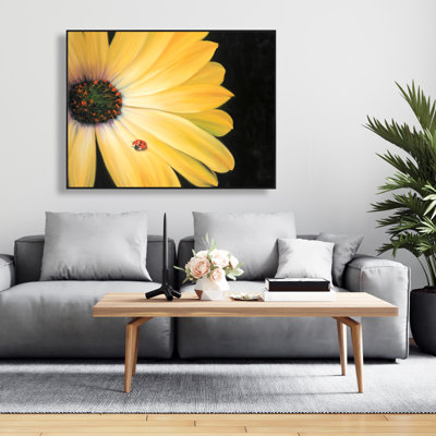 Yellow Daisy and Ladybug - Romantic Framed Canvas Decor