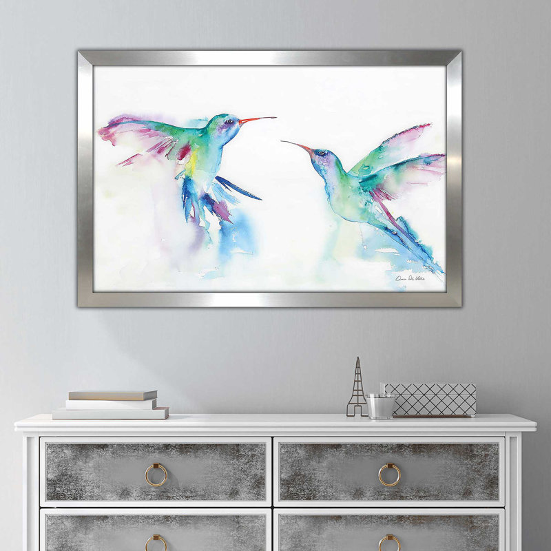 Hummingbirds I par Aimee Del Valley - Peinture, H 33,5 po x l 49,5 po x P 1 po, Encadrement argenté