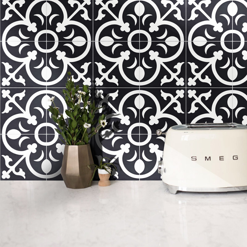 Nador 8" x 8" Cement Patterned Wall & Floor Tile, Black/White