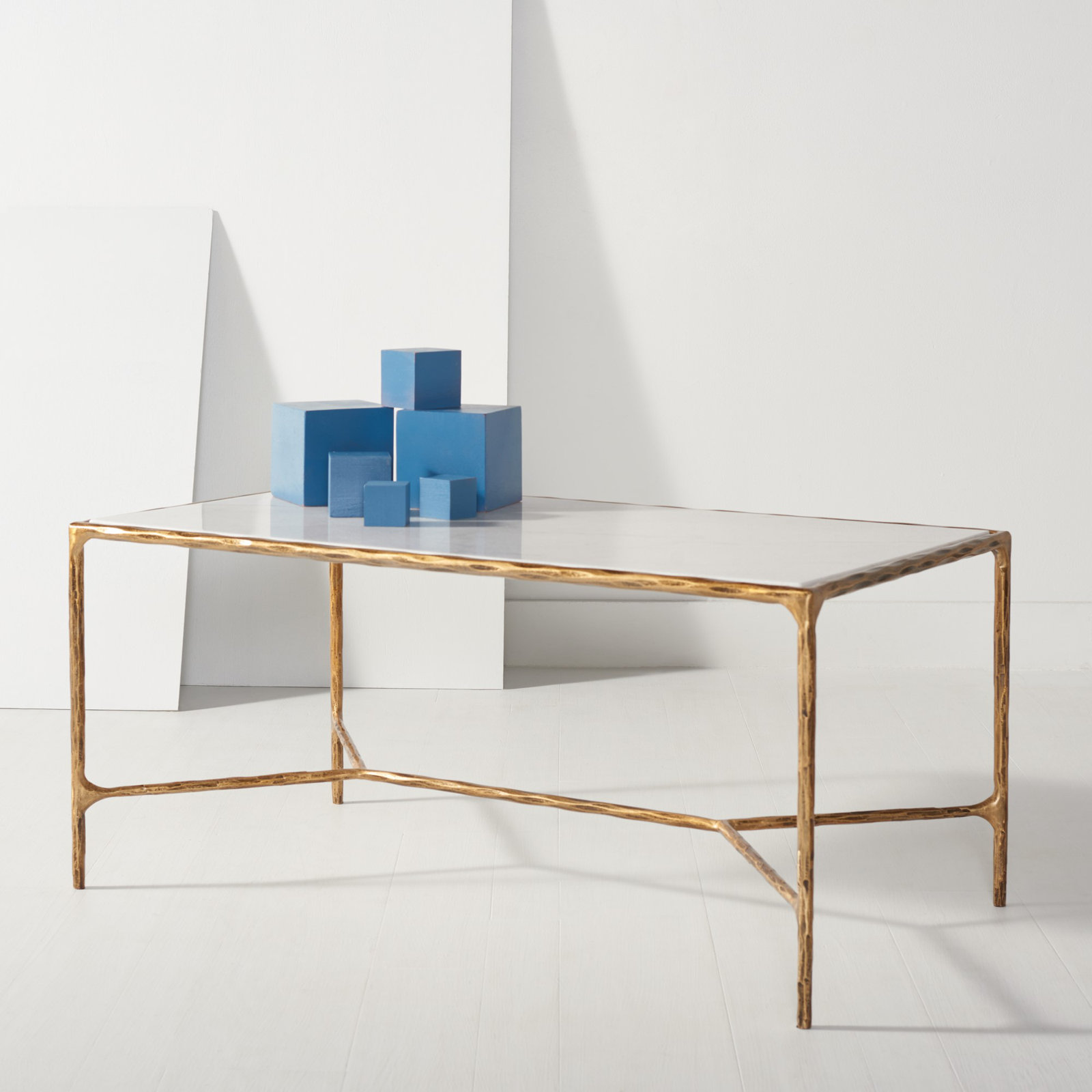 Evelynn 40" Glass Coffee Table, Brass, White Marble