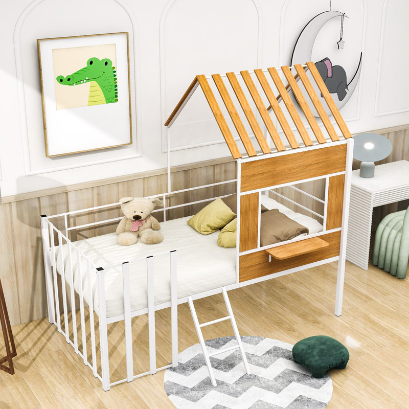 Mcenroe Twin Size Metal House Loft Bed, White
