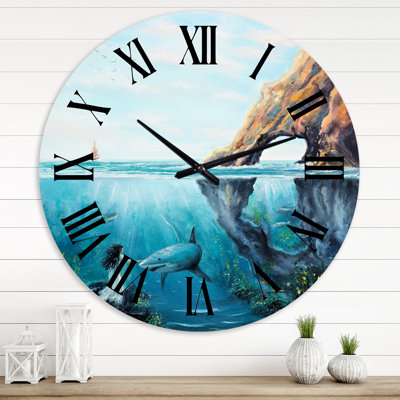 Fée sous-marine et requin océan et MountaIn World - horloge murale nautique et côtière