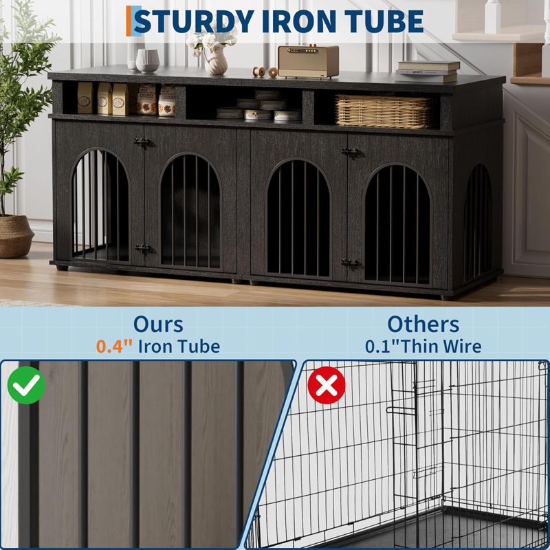 Meuble double cage pour chien de 71 po pour 2 chiens de taille moyenne, Noir