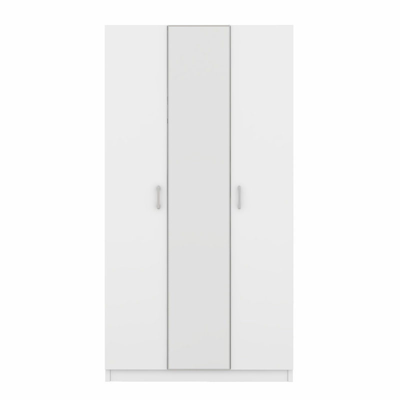 Armoire 3 portes avec miroir, tringle et 3 tablettes fixes, Blanc