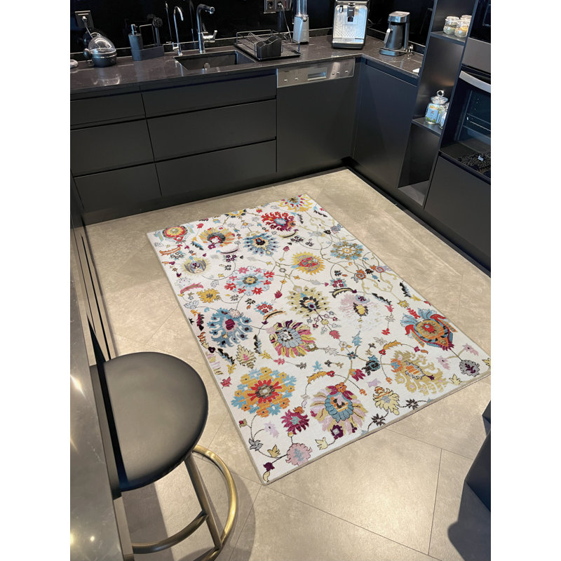 Tapis décoratif moderne multicolore à motif de fleurs beiges, Rectangle 3 pi 3 po x 6 pi 7 po