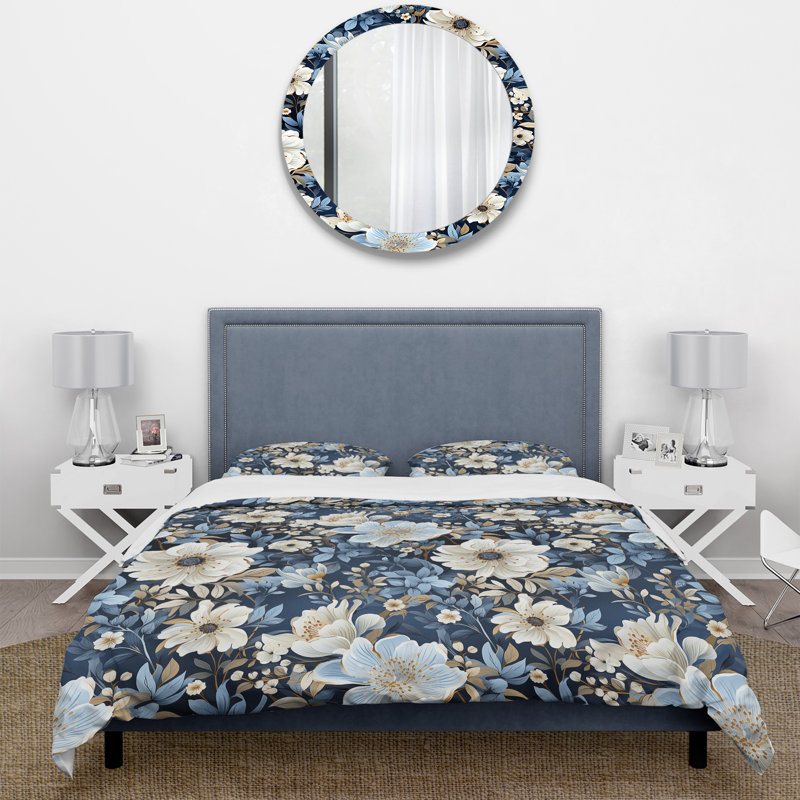 Ensemble de housse de couette à motif floral bleu rustique, Housse de couette pour grand lit et 2 taies décor