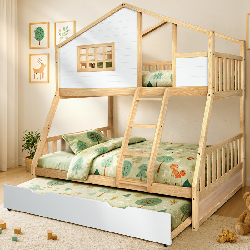Treehouse Heavy Duty Wood Staircase Twin over Full Bunk Beds with Trundle, Natural/White