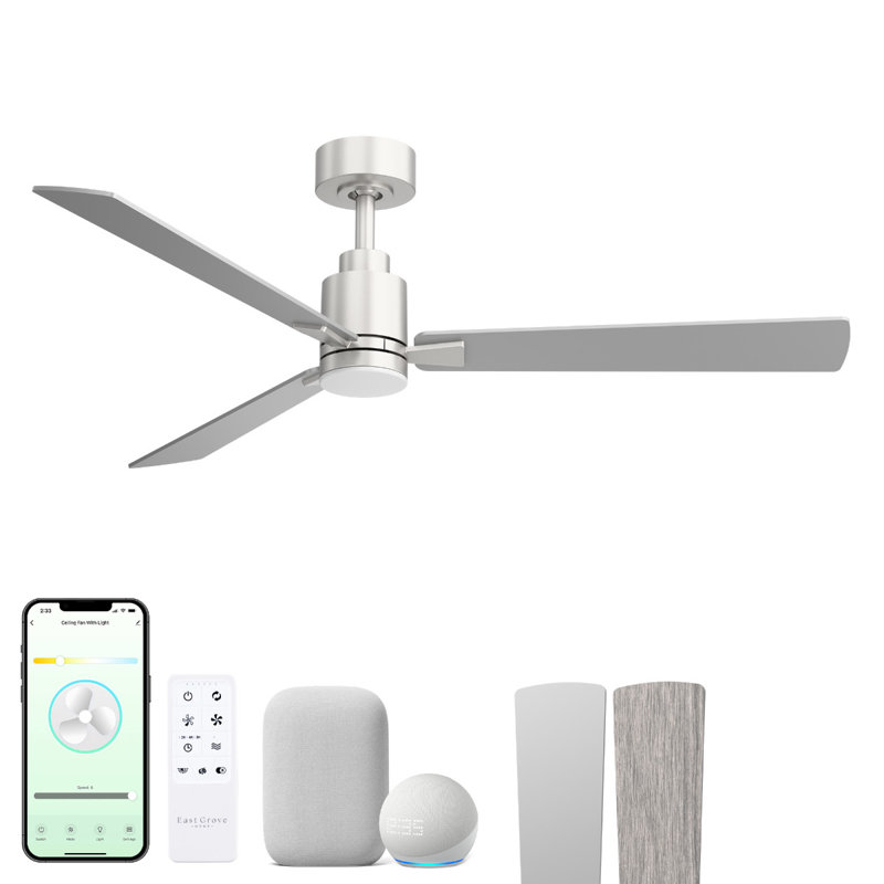 Slim 52in 3-Blade Smart Ceiling Fan 2700K-6000K CCT Tunable Range LED Light Kit with Remote Control and Brushed Nickel Hardware with Reversible Titanium or Wood Blades Works With iOS or Android App