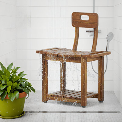 Chaise de douche de 23,3 po avec dossier, repose-pieds antidérapant, support de rangement, accoudoirs intégrés, convient aux personnes âgées et aux adultes, capacité de poids de 450 lb, brun
