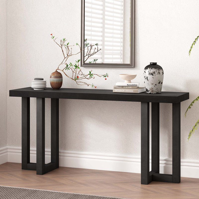 Geometric Design Console Table With Solid Pine Legs, Black