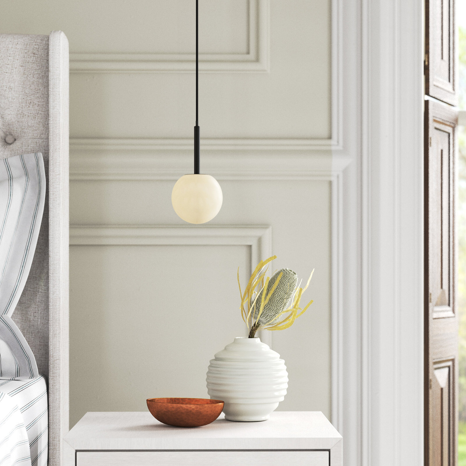 Yarrow 1 - Light Matte Black Sphere Pendant, Black, 74.8" H x 3.93" W x 3.93" D