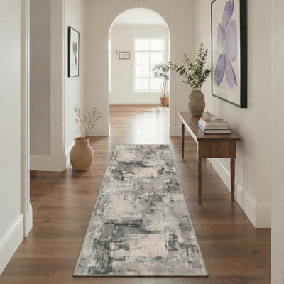 Mignone Aura Abstract Machine Washable Beige / Black / Purple Indoor Area Rug with Non-Slip Backing