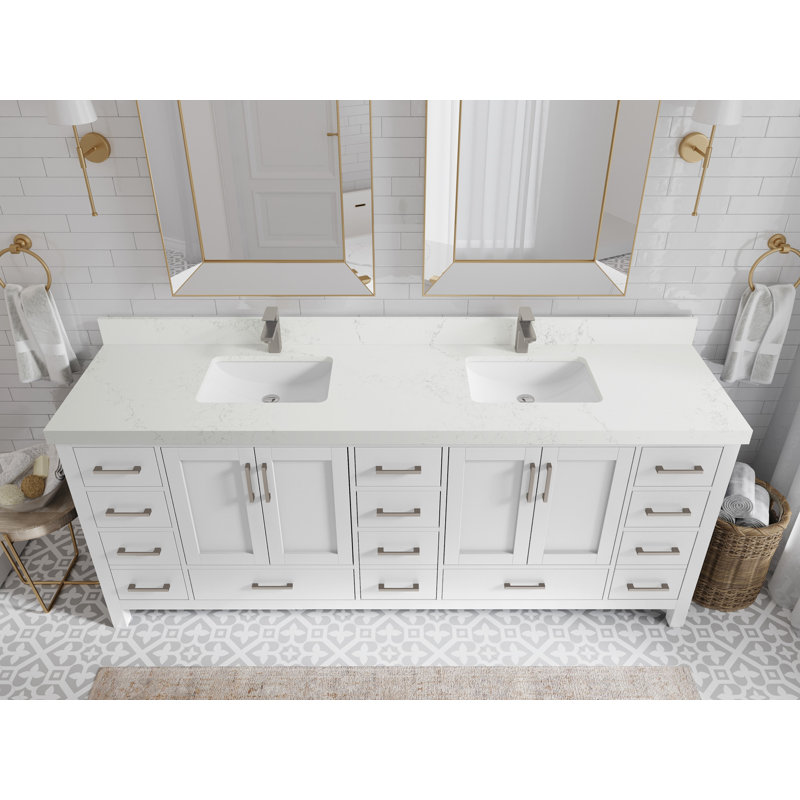 Malibu 84'' Double Bathroom Vanity with Quartz Top, Empira White