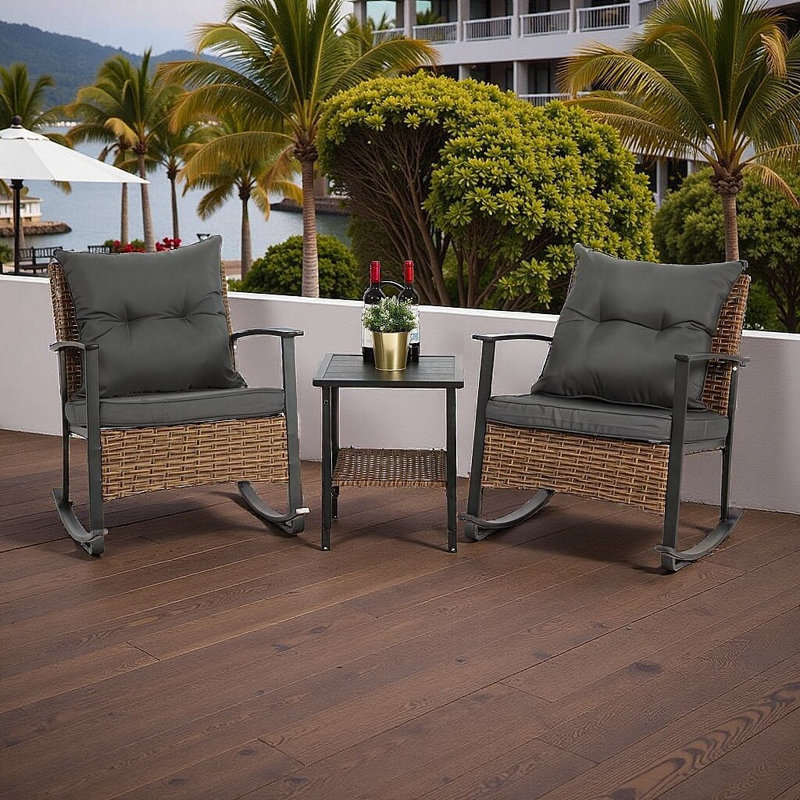 Ensemble de chaises berçantes d'extérieur de qualité supérieure - Ensemble bistro 3 pièces en osier et patio en métal avec coussins