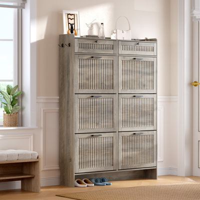 Armoire de rangement pour chaussures 42 po 13 po avec 6 portes, 2 tiroirs de rangement et des tablettes réglables pour le vestibule