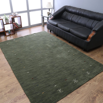 Tapis écologiques en laine noué à la main Overbey - Rectangle, couleur verte, design moderne contemporain, tapis épais antidérapants faits à la main pour salon, chambre à coucher