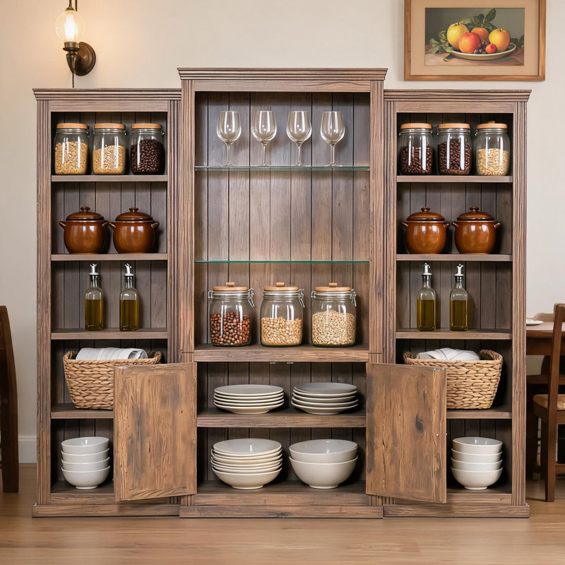 Armoire de rangement multifonctionnelle brune rétro avec éclairage encastré à DEL et tablettes en verre trempé pour la maison et le studio