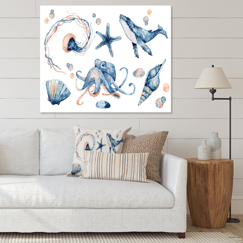 «Blue Ocean Fish Medusa Whale Seahorse Octopus», reproduction sur toile, H 16 po x l 32 po x P 1 po, Cadre photo noir