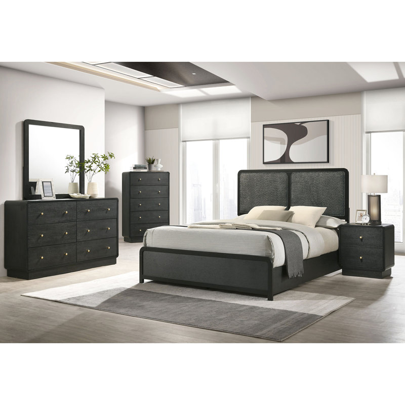 Lit très grand tapissier noir de style Mid-Century moderne, housse, tête de lit gris anthracite et pieds de support stables, style moderne, tissu anti-rayures, base