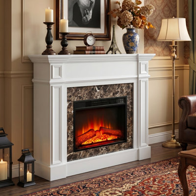  46" TV Stand Electric Fireplace with Mantel, Portable Freestanding Wood Stove with Remote Control, 23'' Electric Fireplace Insert Heater, 1400W Realistic 3D Flame Stacked Stone Surround