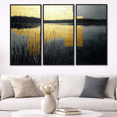 Or et noir, coucher de soleil, lac, simplicité, paysage abstrait, ensemble d'art mural sur toile, ensemble de 3