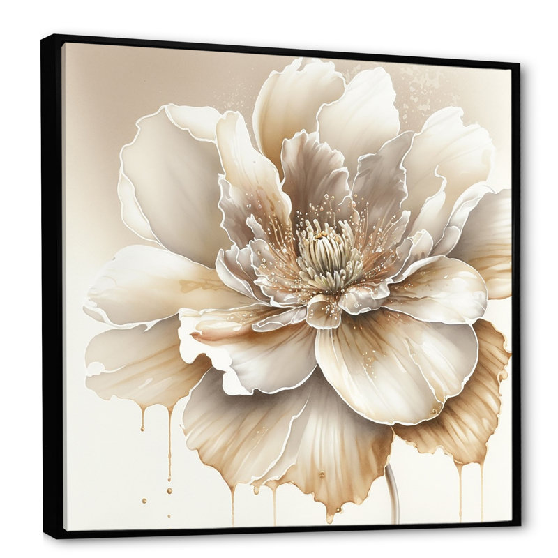 Blooming Beige Floral Design II - Art mural sur toile floral et botanique, H 30 po x l 30 po x P 1 po, Cadre flottant noir