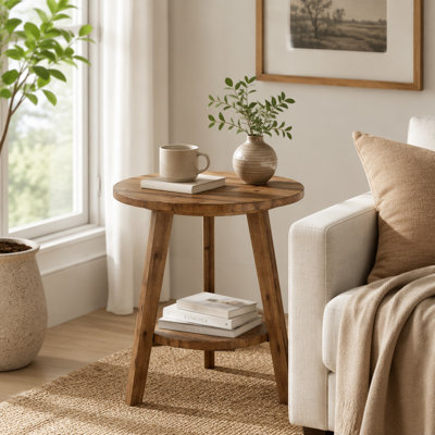 Solid Wood Round End Table, Farmhouse Sofa Side Table with Storage Shelf