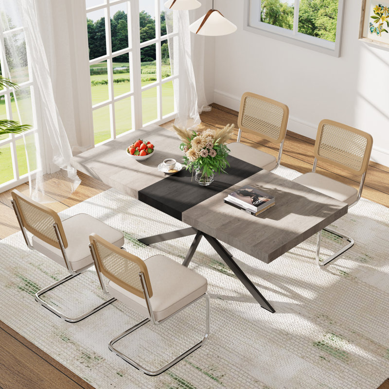 55.11-70.86in Rectangular Extendable Dining Table Set, Black, 7 Pieces: Table, 6 Chairs, Gray