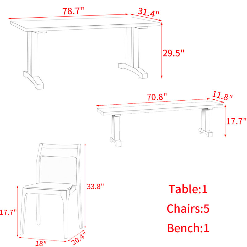 Modern simple rectangular solid wood table set, 29.5"H x 78.7"L x 31.4"W, 7