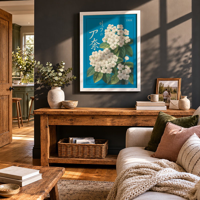 White Blossoms on Turquoise Botanical - Framed Print, A2 - 59.4 x 42.0 cm, White