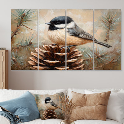 Chickadee oiseau sur une pomme de pin I - art mural oiseau - toile d'art moderne