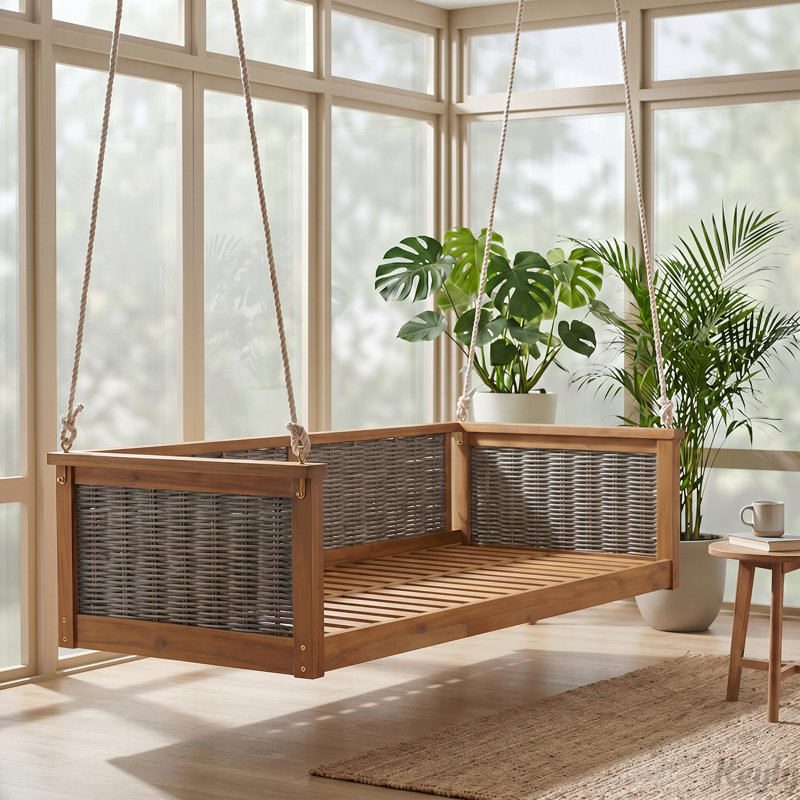 Lit balançoire double en bois massif d'extérieur classique, cadre de balançoire en rotin de jardin avec longues cordes pour la piscine, la cour arrière