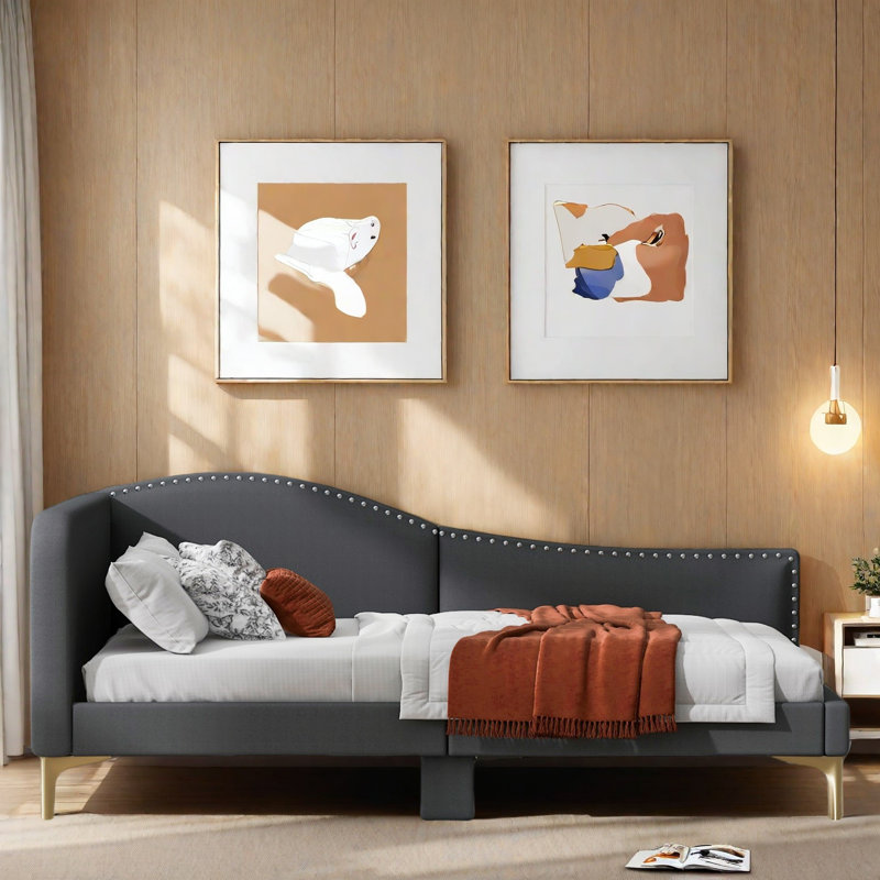 Upholstered Daybed With Headboard And Armrest, Gray, Twin