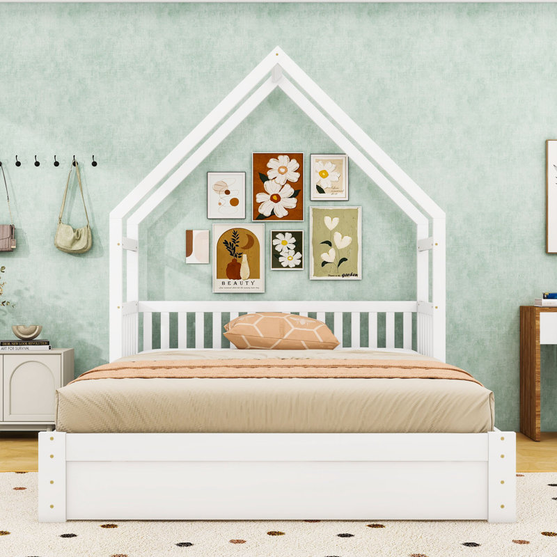 Queen Wood House Platform Bed with 2 Storage Drawers, White