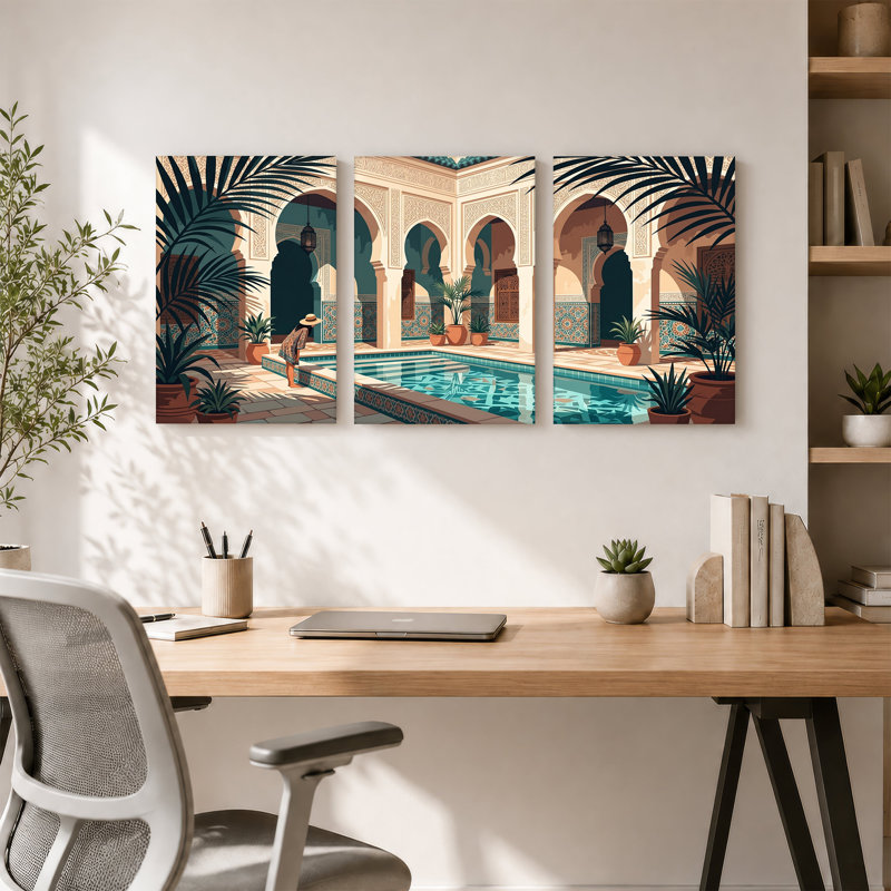 Moroccan Courtyard with Tile Pool and Palm Plants Set Of 3 Canvas Wall Art, 18"H x 12"W x 3pcs
