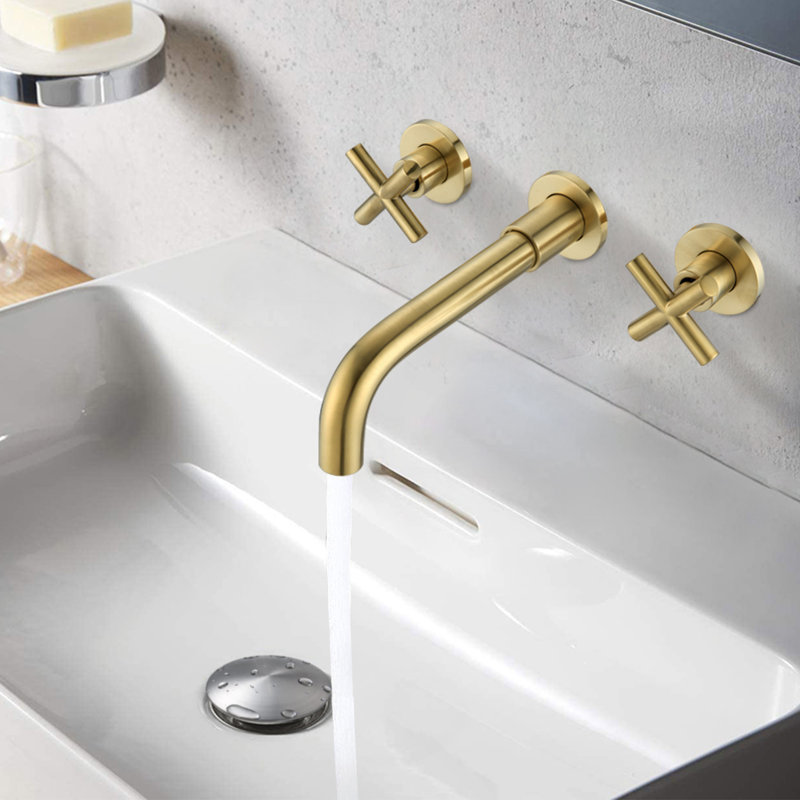 Robinet de lavabo mural avec drain escamotable (sans trop-plein), Nickel brossé / or
