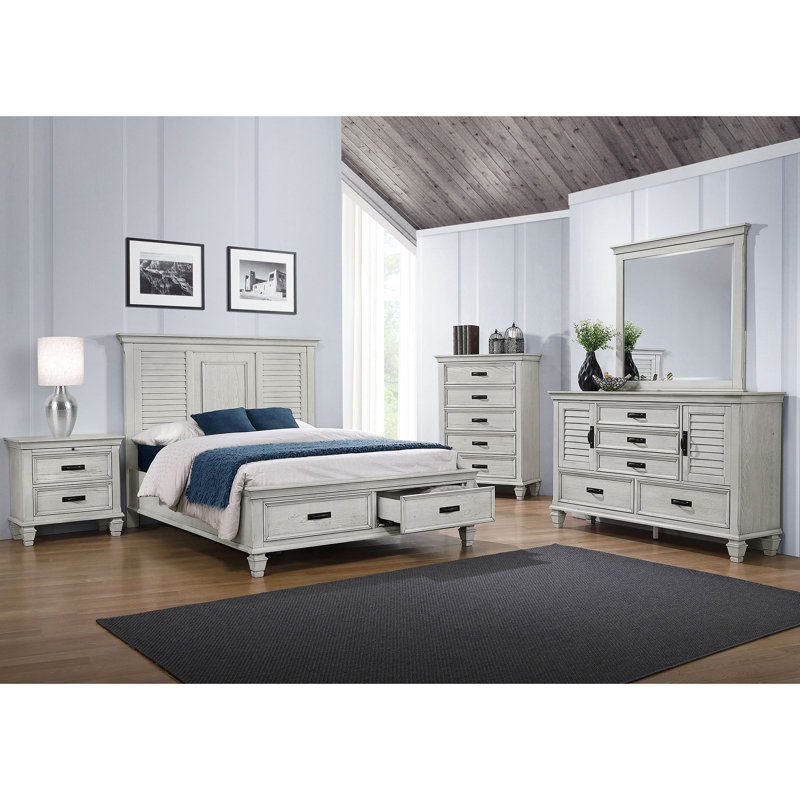 Grand lit à panneau à 2 tiroirs blanc vieilli, plateforme pour la plupart des matelas, aspect bois rustique, fonctionnalité de fermeture en douceur, décor de chambre compatible avec la mousse à mémoire de forme, finition, mouvement, idéal