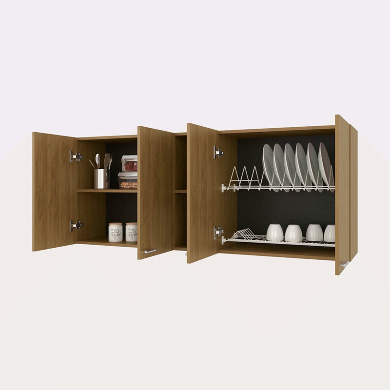 Armoire murale en mélamine avec 4 portes et rangement ouvert, Naturel