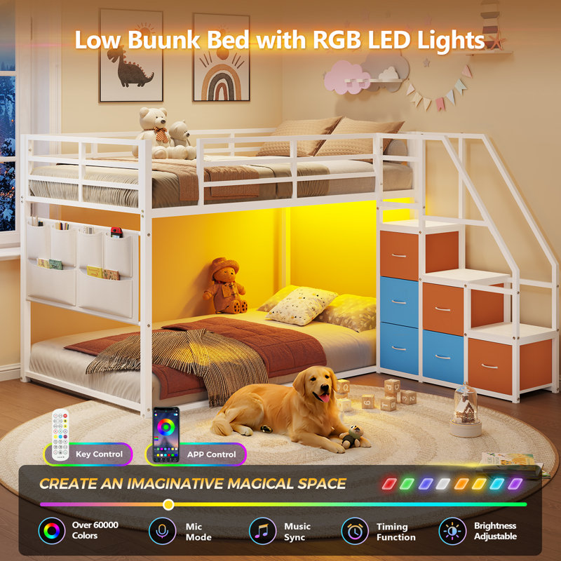 Twin Bunk Beds With Led Lights & Storage, 6 Drawers,Twin Over Twin Bunk Bed, Metal Low Bed With Safety Ladder And Guardrail,Space Saving,White