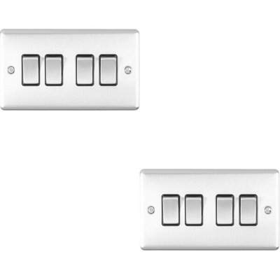 2 PACK 4 Gang Metal Quad Light Switch POLISHED CHROME 2 Way 10A White Trim